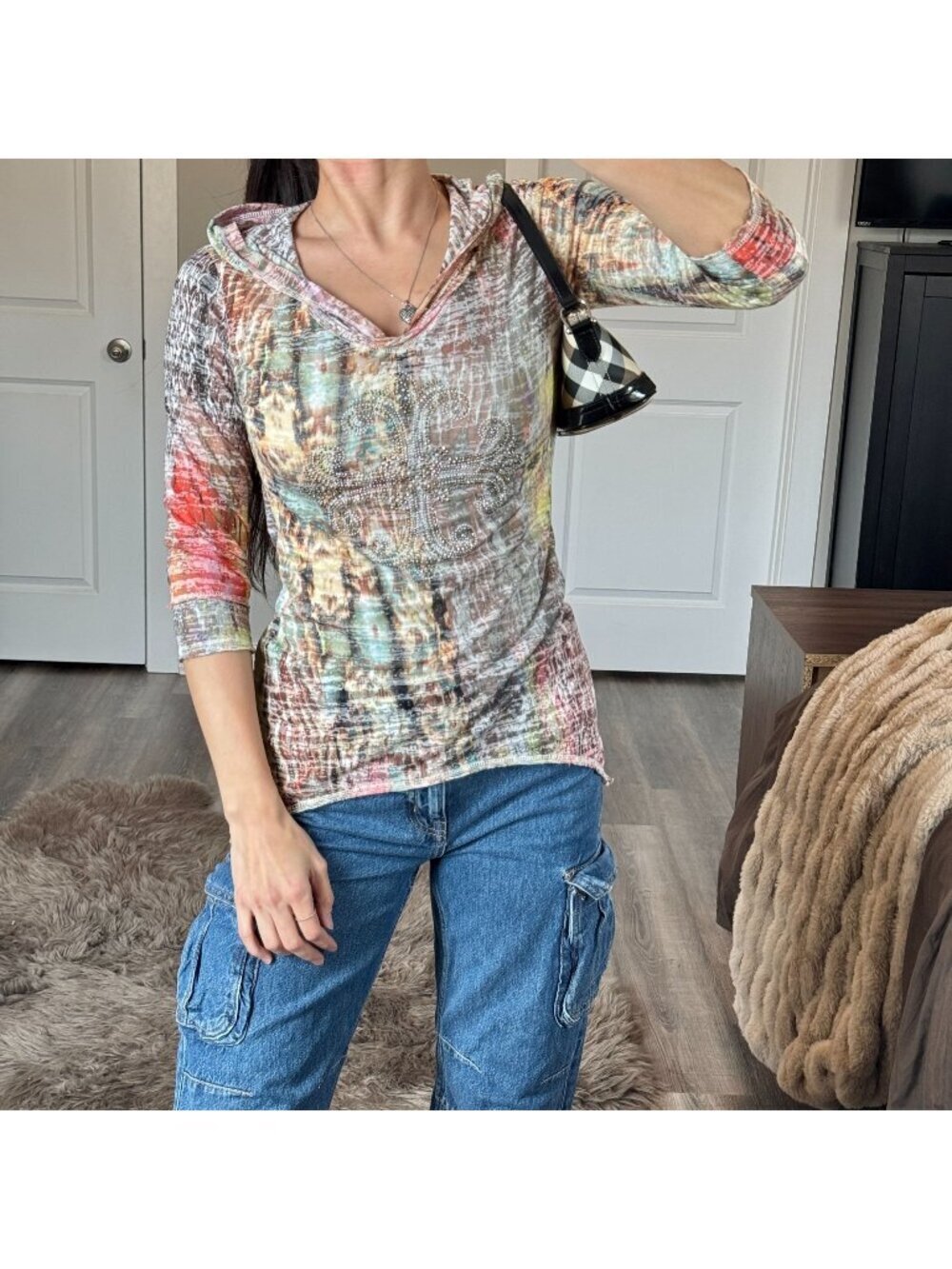 Y2K Abstract Rhinestone Hooded Top Womens S Multicolor Fairy Grunge Lightweight
